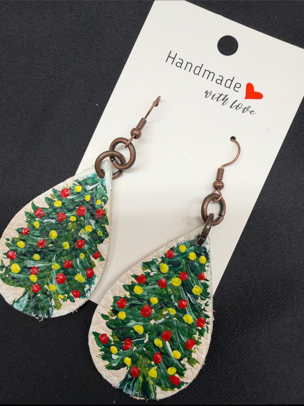 Handmade Abstract Painted Christmas Tree Leather Earrings